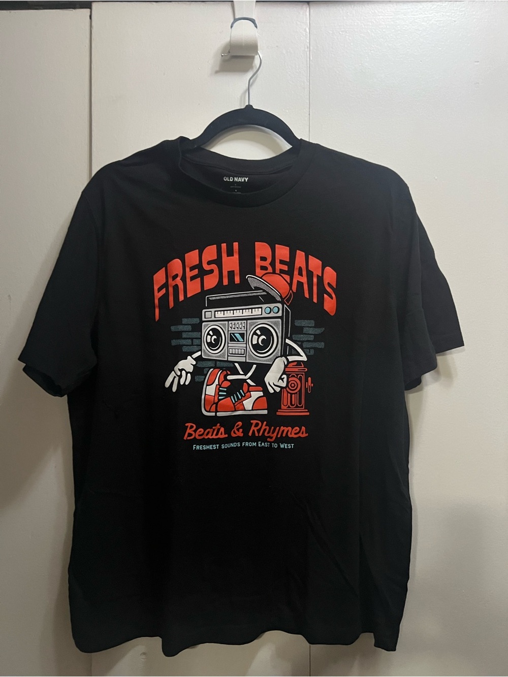 Old Navy Black Graphic Tee with Red & White Boombox Design